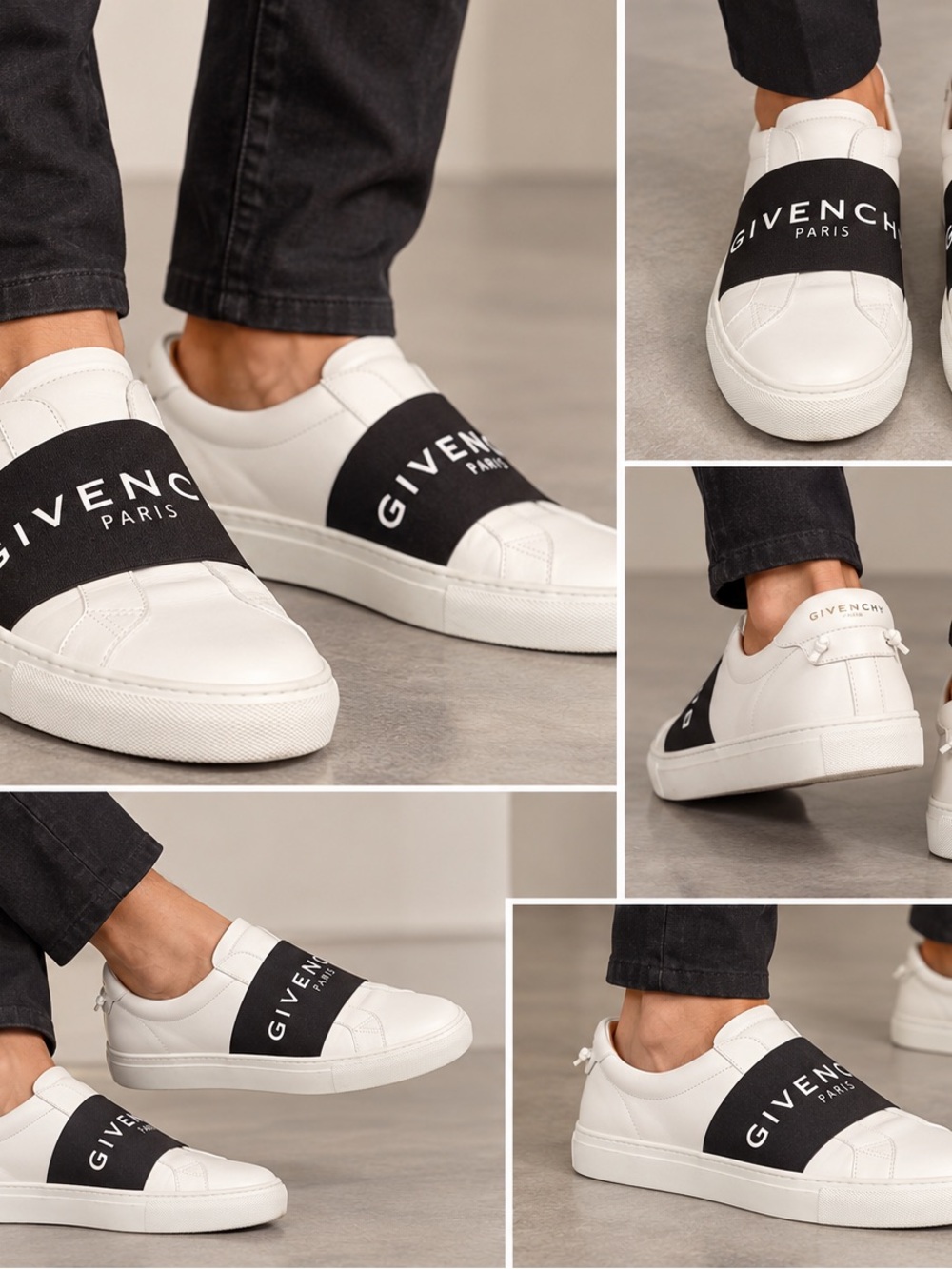 Authentic Men’s Givenchy White Leather Slip-On Sneakers with Black Logo Band